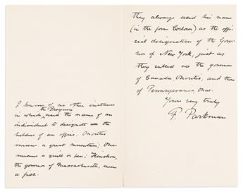 (NEW YORK.) Francis Parkman. Letter on the Iroquois and the early history of Schenectady.